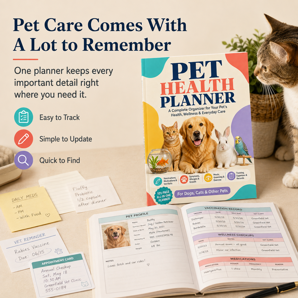 Pet Health Planner – Complete 101-Page Organizer for Vaccinations, Meds, Vet Visits & Everyday Care
